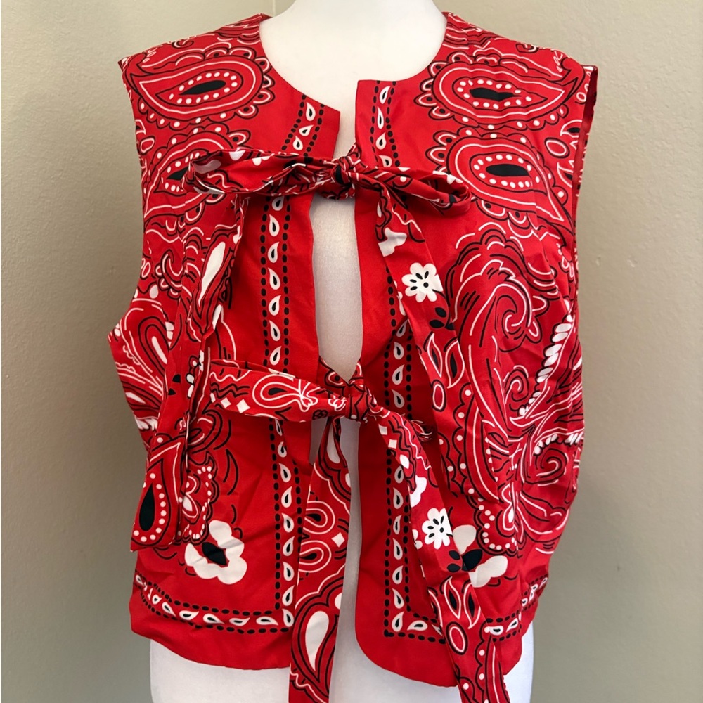 Commense Red Paisley Tie-Front Blouse